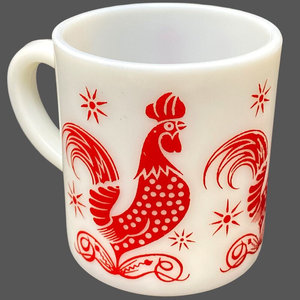 Vintage Red Rooster Milk Glass Mug Farmhouse Kitchen Country Coffee Cup USA